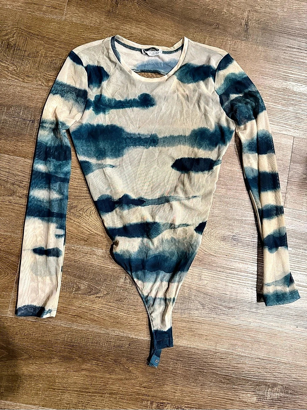 Zara Tie Dye Mesh Long Sleeve Bodysuit in Blue & Cream